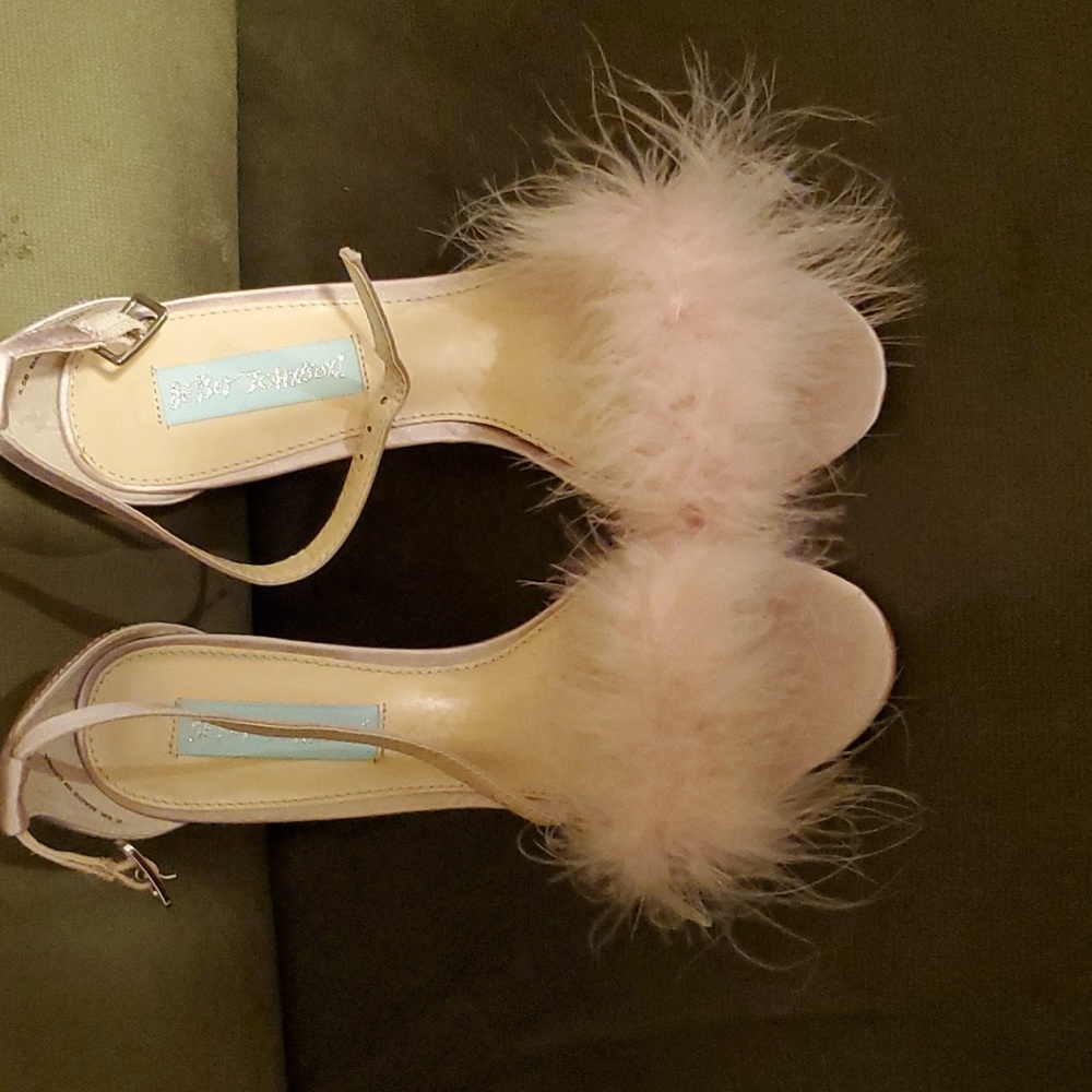 Betsey Johnson Blush Faux Feather Flocked Ornamental Heel